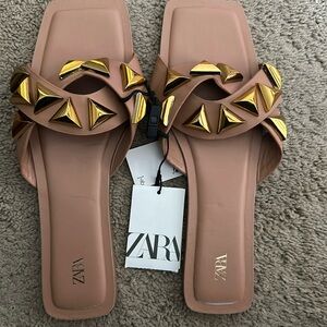 ZARA Tan Square-Toe Flat Sandals Gold Studded
